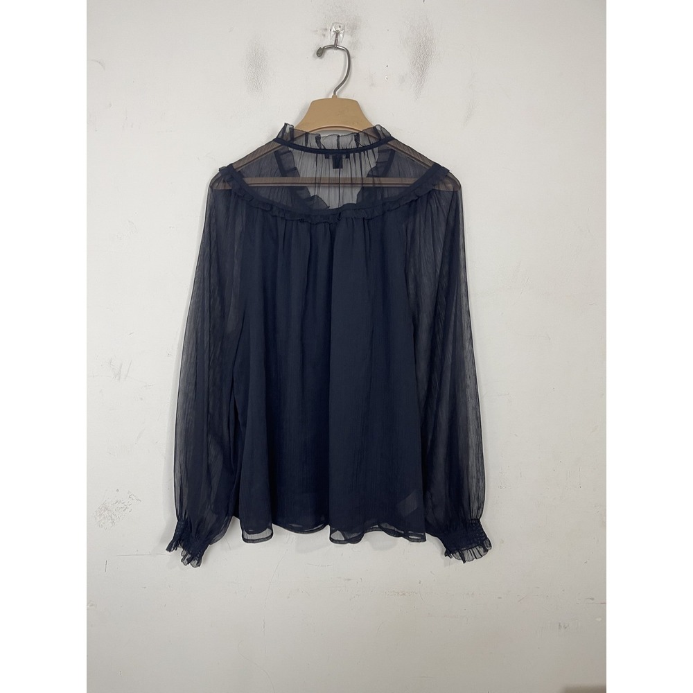 Ann‎ Taylor Womens XL Black Sheer Ruffle Mock Neck Long Sleeve Blouse Top